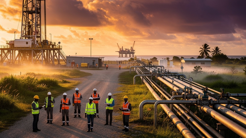 Nigeria oil and gas operations — onshore rig, offshore platform, Niger Delta