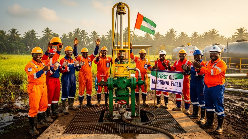 Nigerian oilfield crew celebrating first oil marginal field Niger Delta
