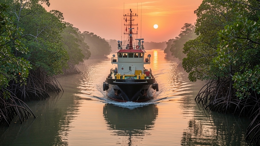 Supply vessel on Niger Delta creek waterway Nigeria marine logistics