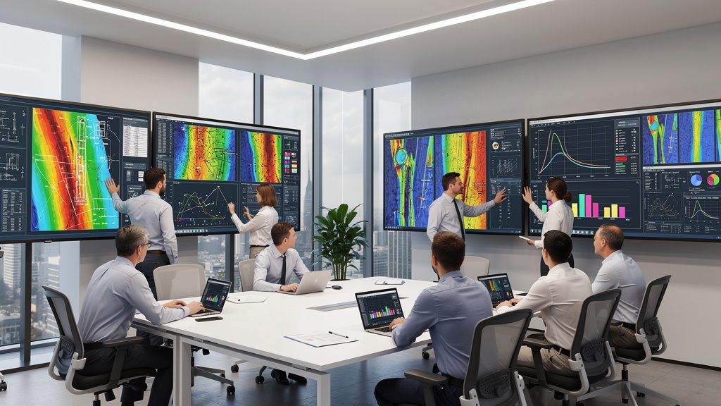 Oil and gas engineering team reviewing well designs and reservoir data