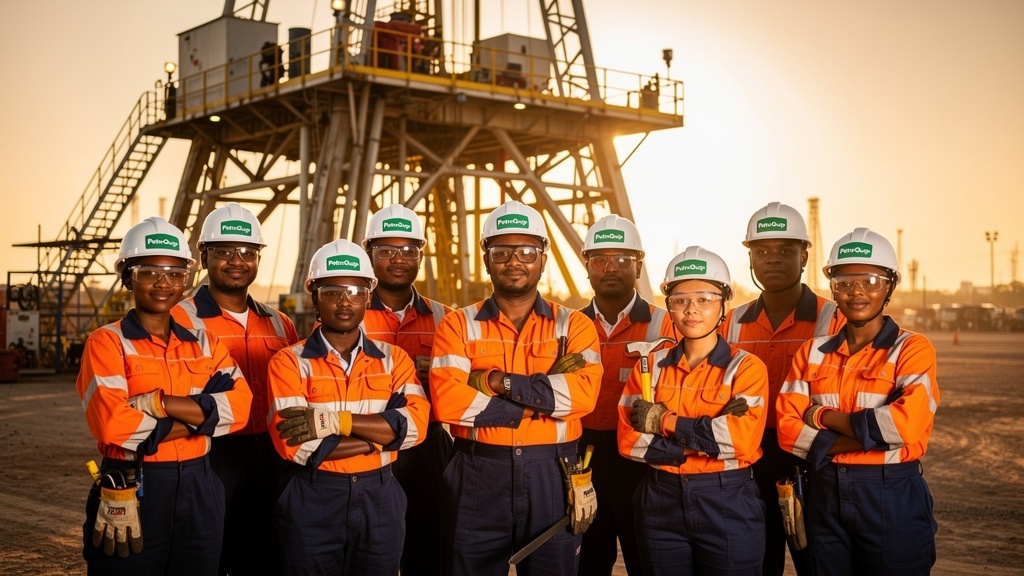 PetroQuip oilfield technical team in branded hard hats and PPE at rig